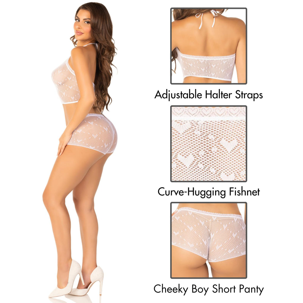 2 Pc Mini Heart Trimmed Heart Net Halter Cami And Boy Short Panty