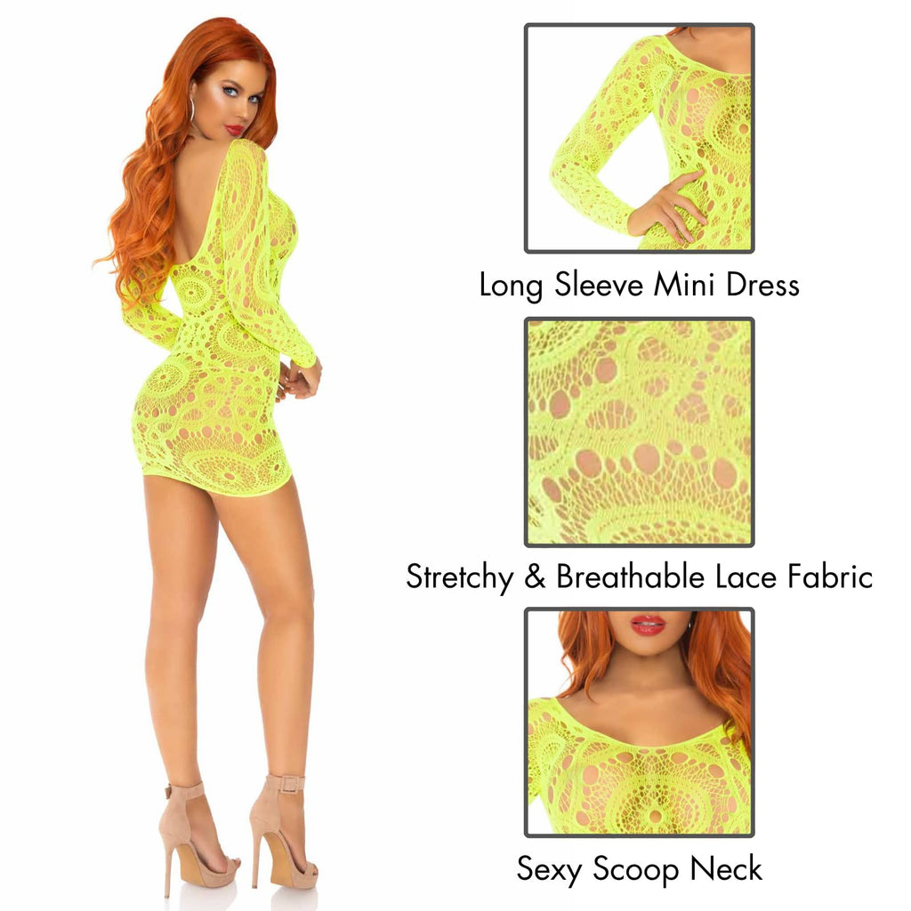 Crochet Lace Long Sleeved Mini - O/S / Neon Yello