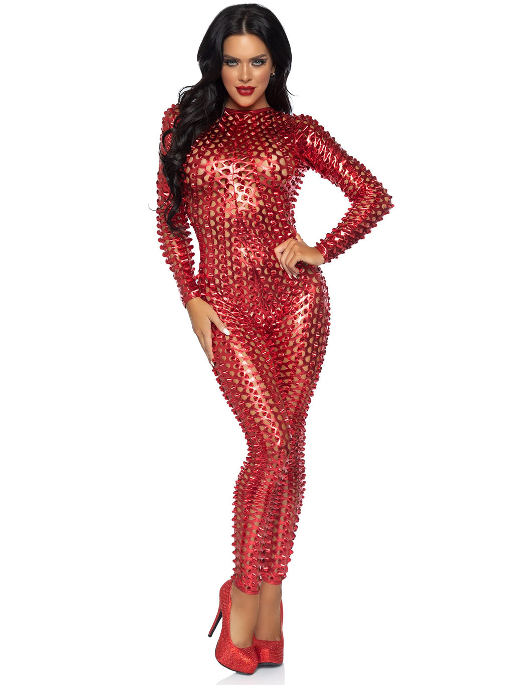 Laser Cut Metallic Catsuit. - X-Large / Red