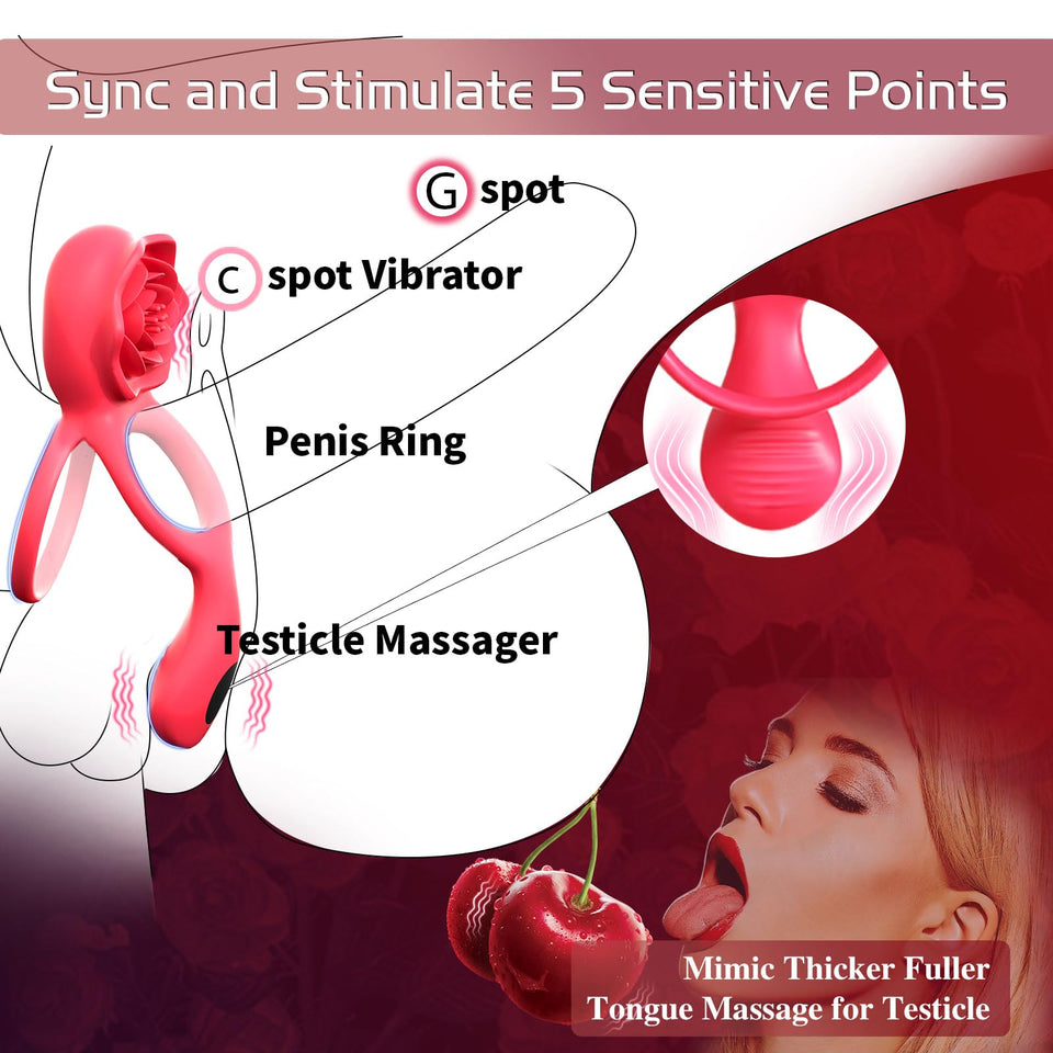 Vibrating Cock Ring with Rose Clitoral Stimulator Testicle Massager, Pleasure Penis Ring Vibrator Couples Adult Sex Toys for Men