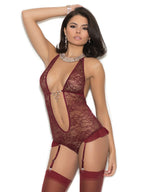 Lace Teddiette With Ultra Deep V Neckline And Rhinestone Front Detail Small