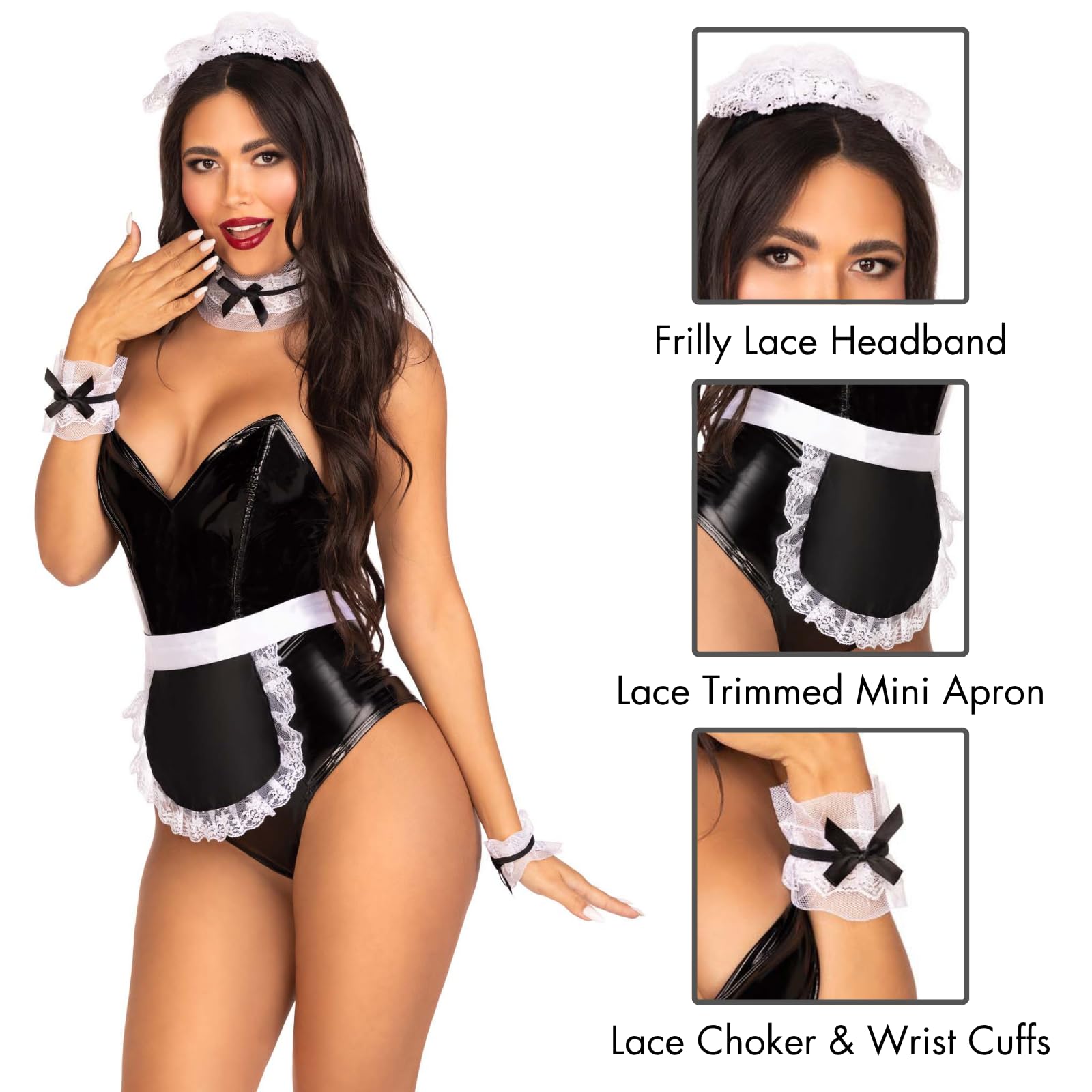 4 Pc French Maid Costume Kit, Includes Lace Trimmed Apron, Neck Piece, Wrist Cuffs, And Headband