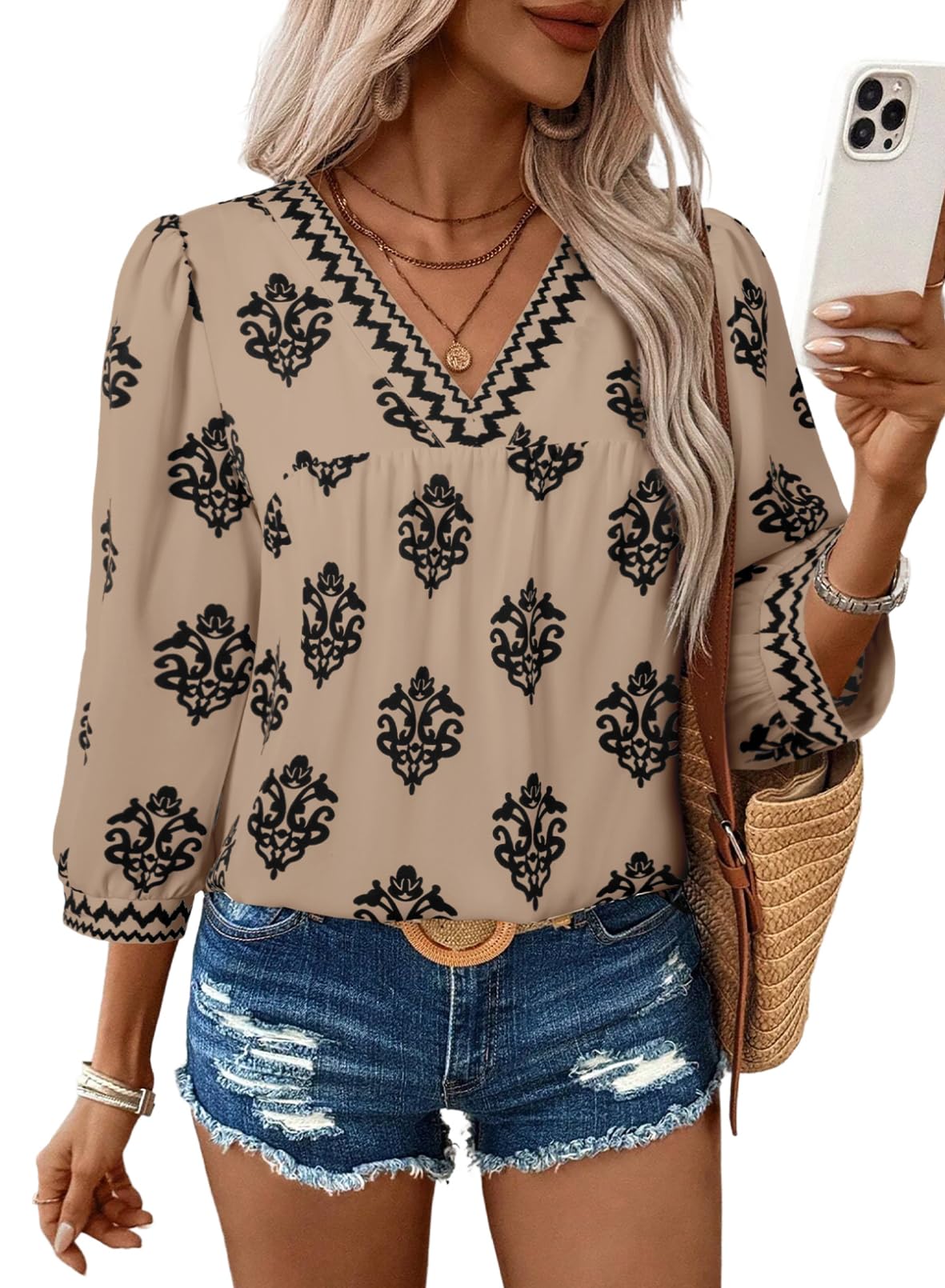 SHEWIN Summer Tops for Women Trendy Floral Print V Neck Chiffon Blouses 3/4 Sleeve Womens Tops Office Summer Shirts Khaki Small