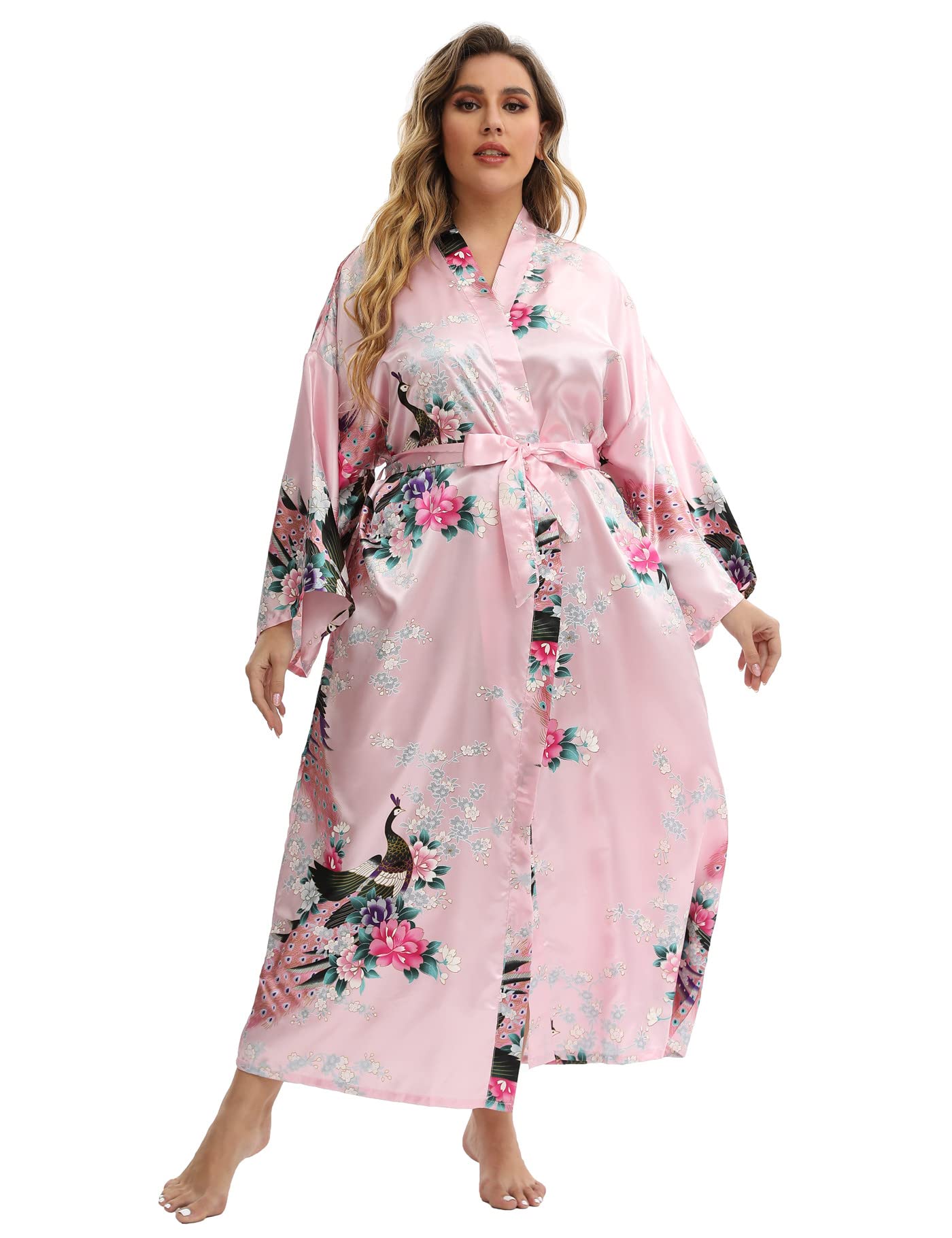 feslieacc Womens Plus Size Robes Plus Size Long Satin Robes Floral Long Silk Robes Bathrobe Sleepwear, Pink, 2XL/3XL