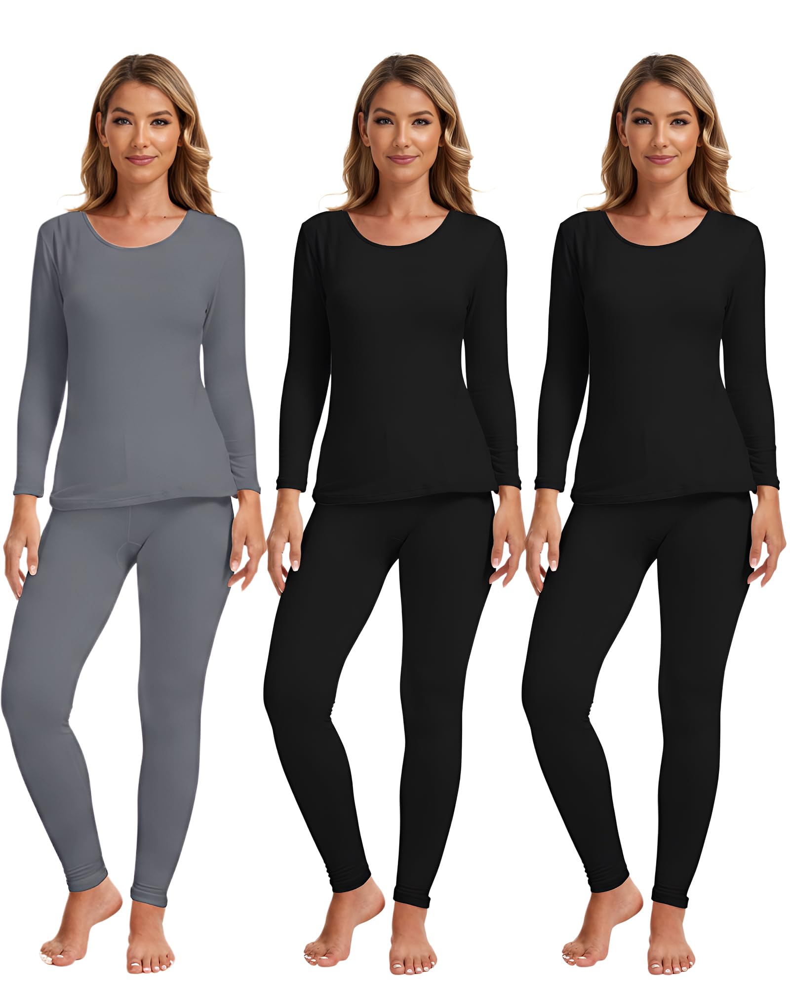 Patelai 3 Sets Thermal Underwear for Women with Fleece Lined Long Underwear Women Base Layer Cold Weather(Gray, Black, Black,XX-