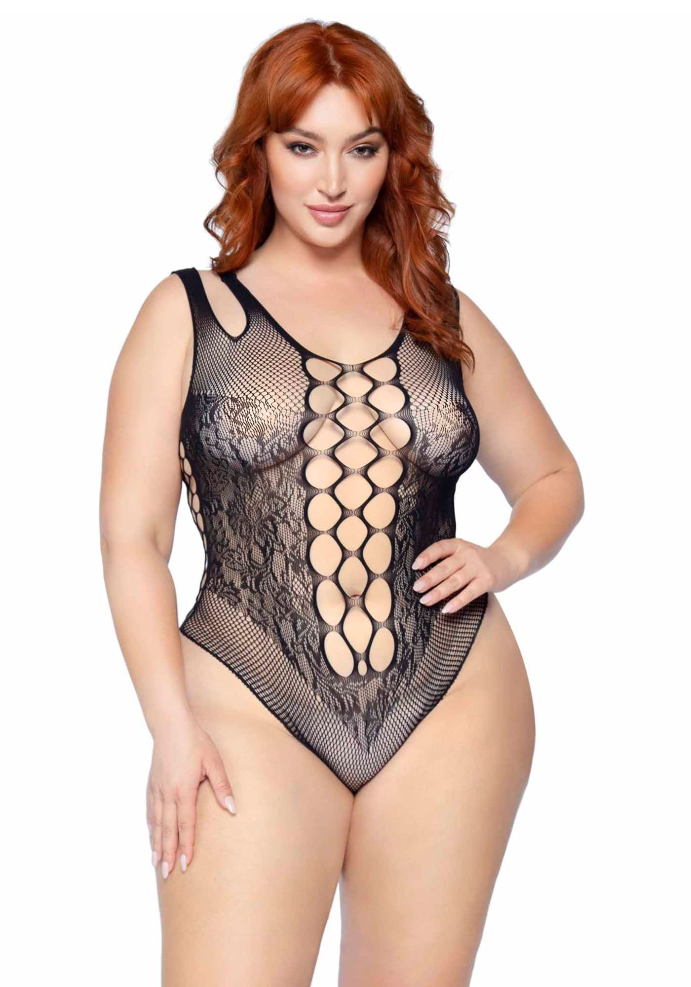 Seamless Net And Lace Bodysuit With Dual Shoulder Straps And Cheeky Cut Bottom.