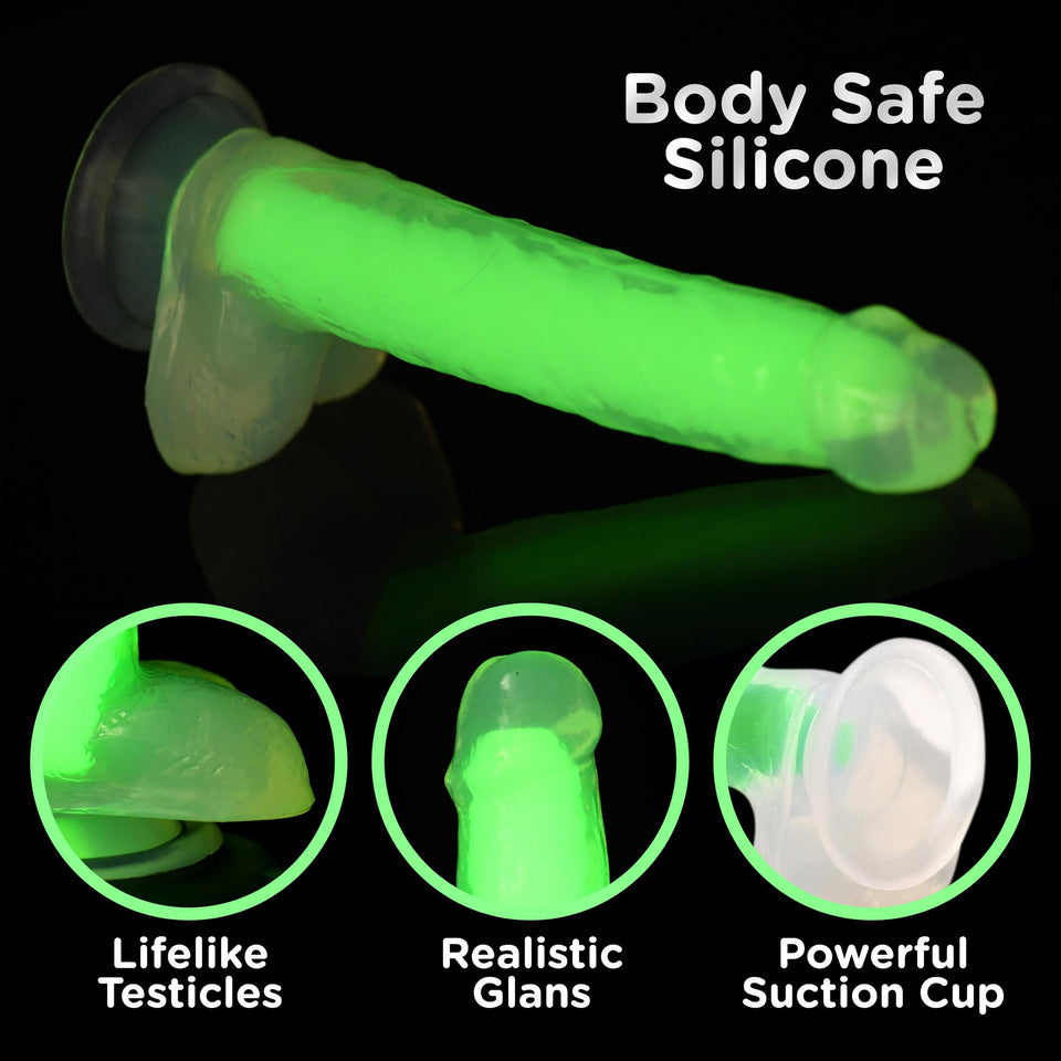 Lollicock 7'' Glow-in-The-Dark Silicone Dildo w/Balls for Men, Women, & Couples. Glow in The Dark Dildo with Balls Made with Pre