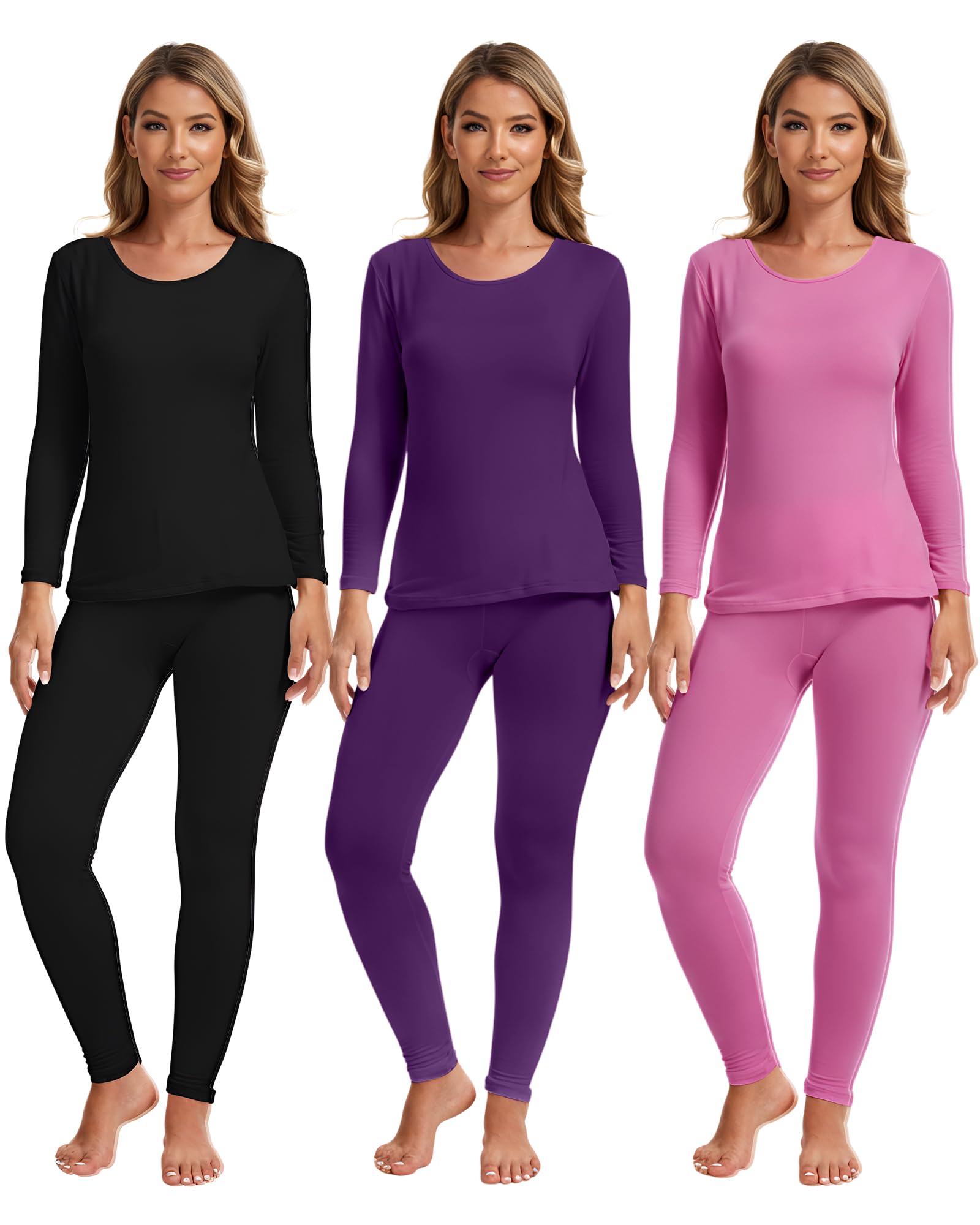Patelai 3 Sets Thermal Underwear for Women with Fleece Lined Long Underwear Women Base Layer In Cold Weather (Black, Purple, Lig