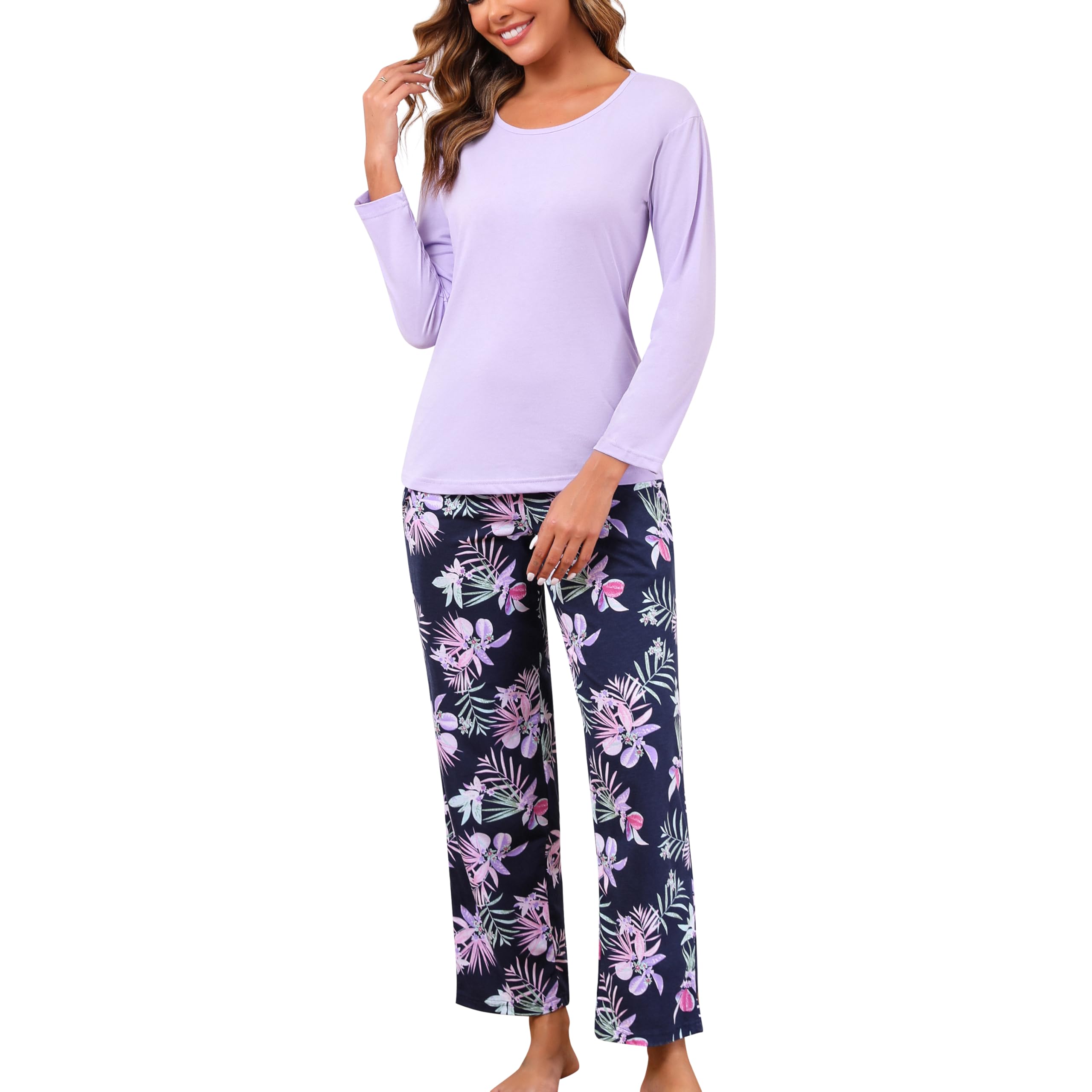 PNAEONG Womens Cotton Long-Sleeve Tops and Full-Length Pajama Set Two-Piece Pjs with Pockets Black Flower,S