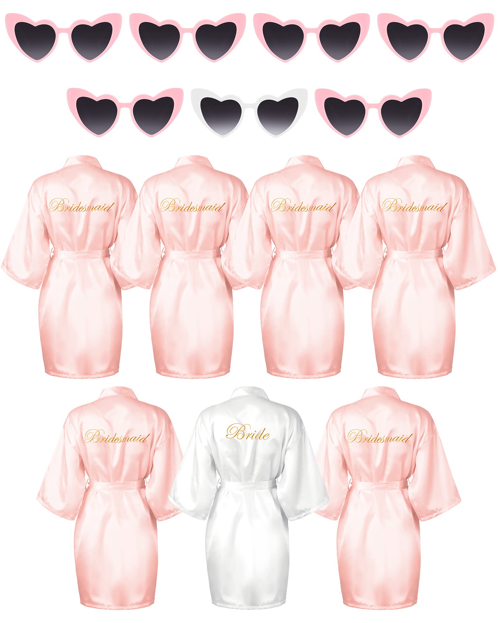 Xuhal 7 Pcs Bride Bridesmaid Robe Sets for Wedding Bridal Party Satin Robes Maid of Honor Robe with Heart Shaped Sunglasses(Pink