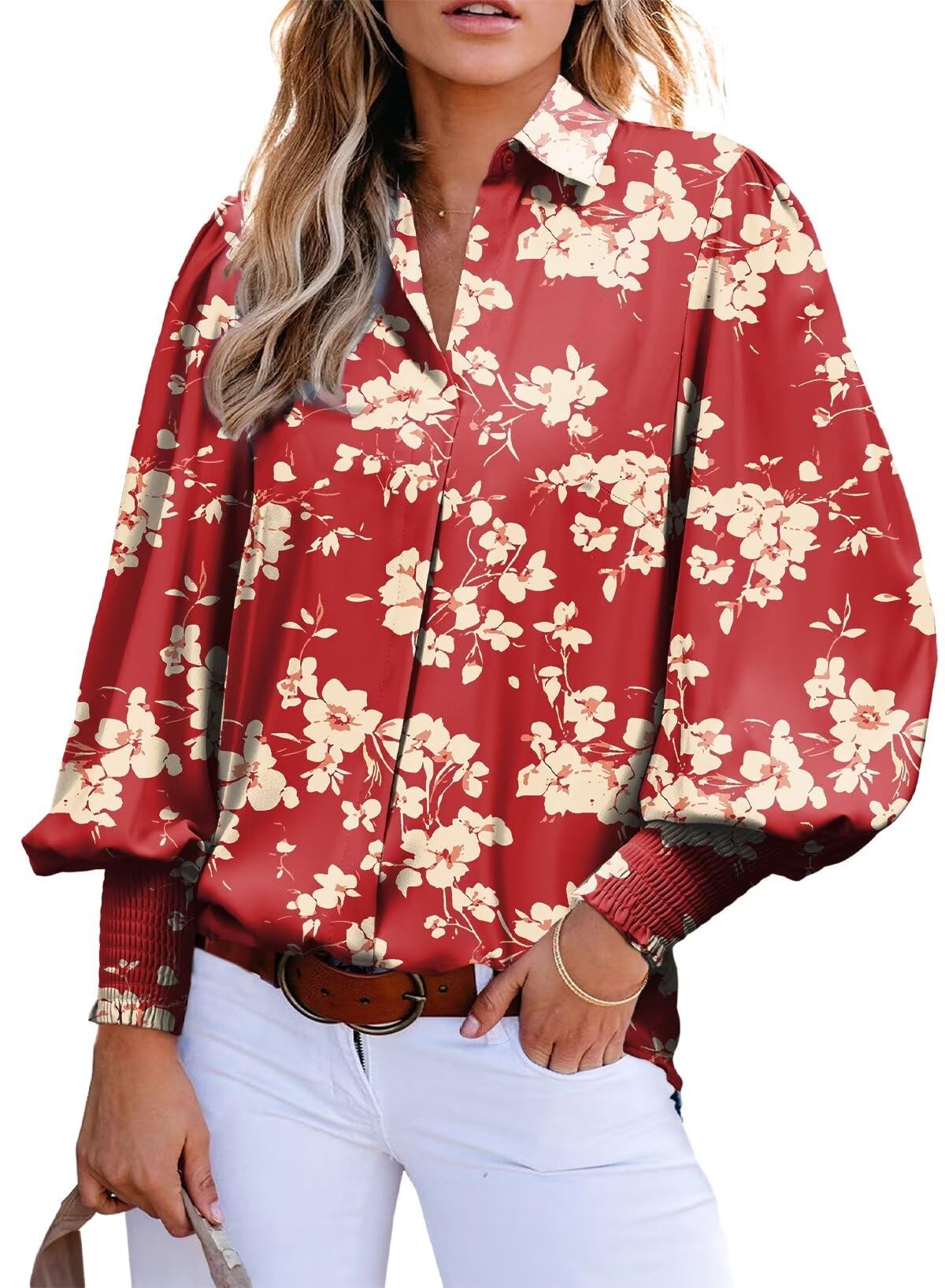 Astylish Women Casual Cute Lantern Sleeve Button Down Spring Plus Size Blouse Beautiful Flattering Modern V-Neck Print Bohemian 