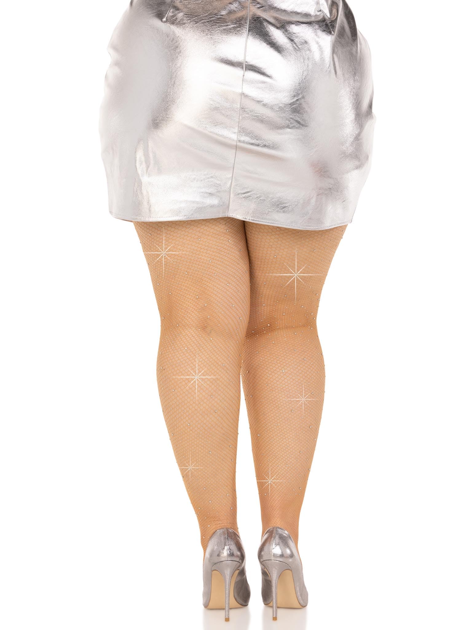 Fishnet crystalized tights with multi sized iridescent rhinestones.