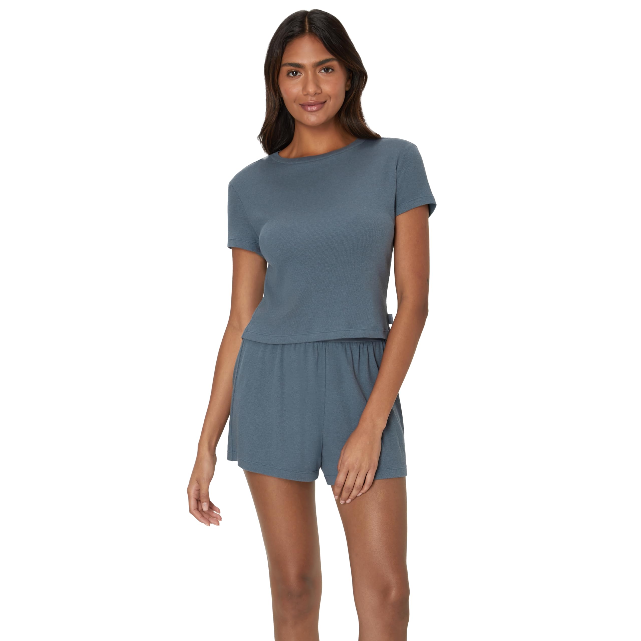 Hanes Womens Originals 2-Piece Lounge, Supersoft Cropped Baby Doll Tee & Sleep Shorts Loungewear Set, Stargazer Grey/Stargazer 