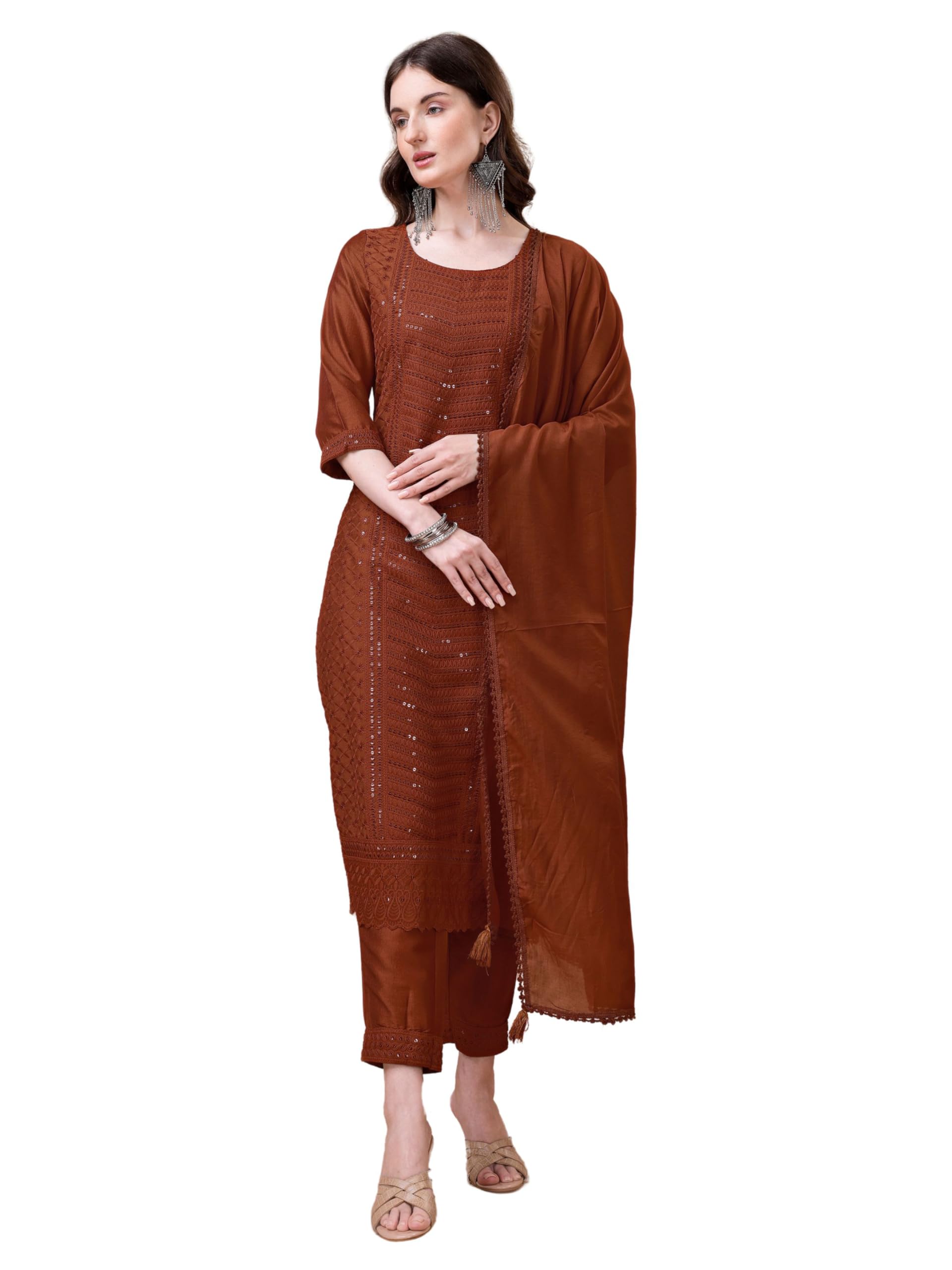 Shopping Queen Womens Silk Blend Chikankari Embroidery Kurta Set (A527_Amber Orange_S)
