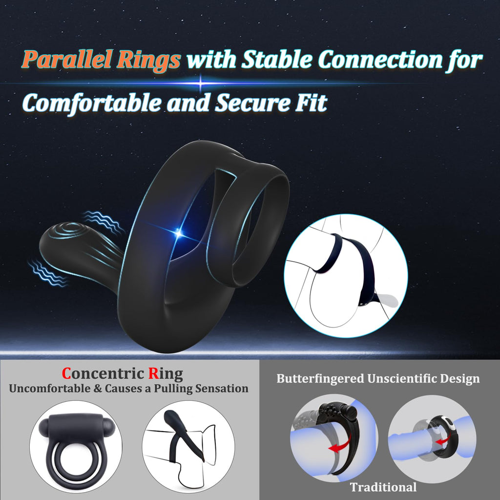 Vibrating Cock Ring Taint Stimulator, Silicone Pleasure Penis Ring Vibrator Couples Adult Sex Toys for Men, Dual Motors 9 Vibrat