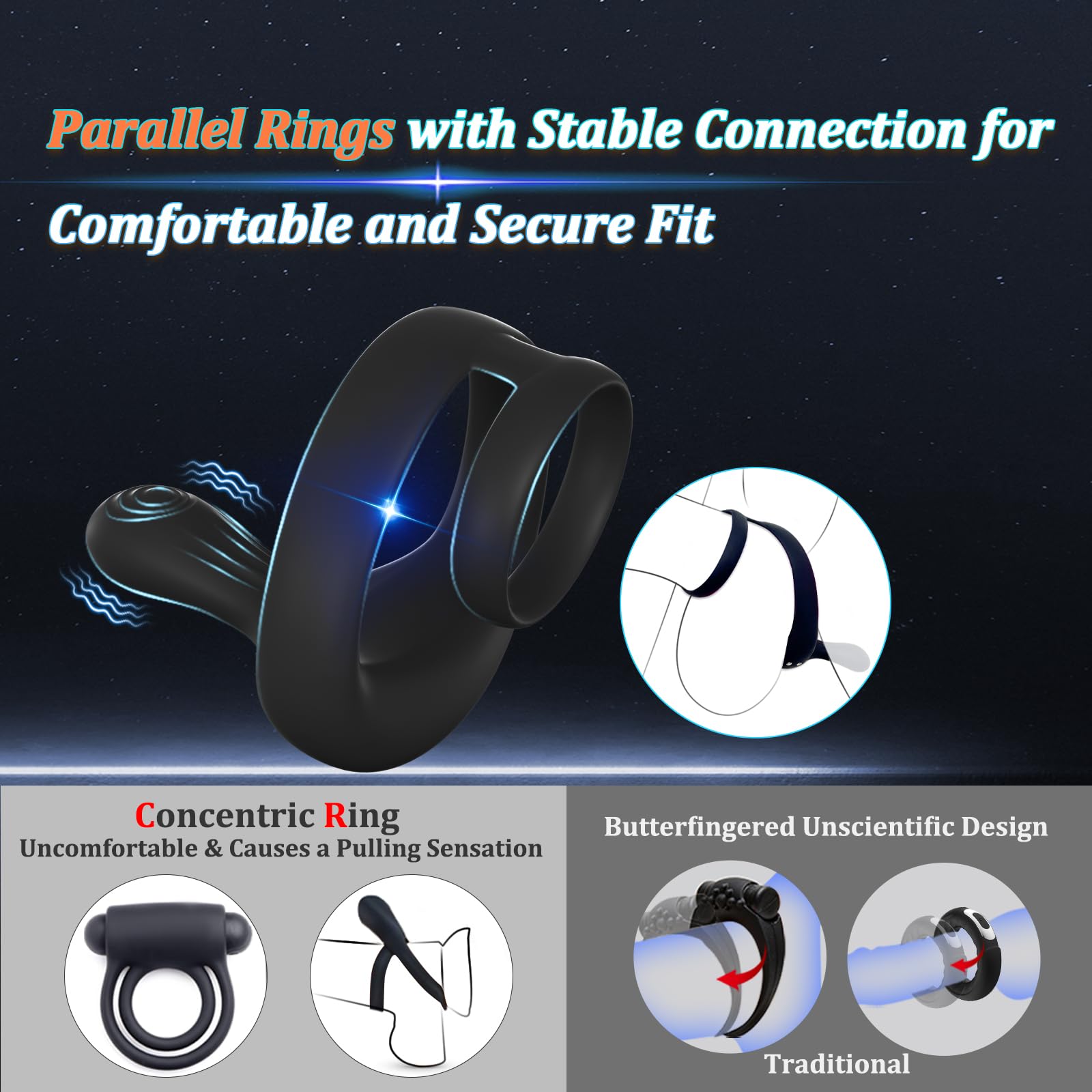 Vibrating Cock Ring Taint Stimulator, Silicone Pleasure Penis Ring Vibrator Couples Adult Sex Toys for Men, Dual Motors 9 Vibrat