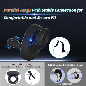 Vibrating Cock Ring Taint Stimulator, Silicone Pleasure Penis Ring Vibrator Couples Adult Sex Toys for Men, Dual Motors 9 Vibrat