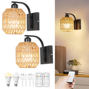 Bailoch Boho Cordless Battery Operated Wall Sconces Set Of 2, Rattan Wireless Rechargeable Wall Light With Remote, Black Battery