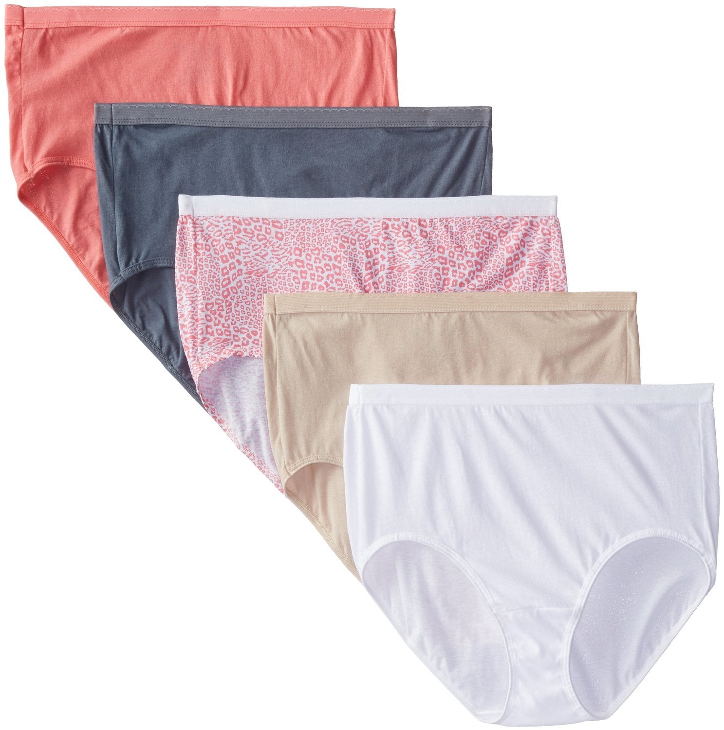 FOL Womens Plus Size Fit For Me 5 Pack Cotton Brief Panties, Assorted, 10