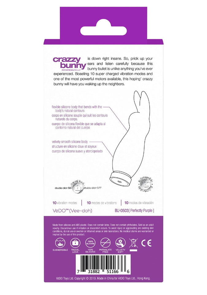 VeDO Crazzy Bunny Vibrator Bullet, Rechargeable Clitoral Adult Sex Toy, Clitoris Stimulator Vibe for Women (Purple)
