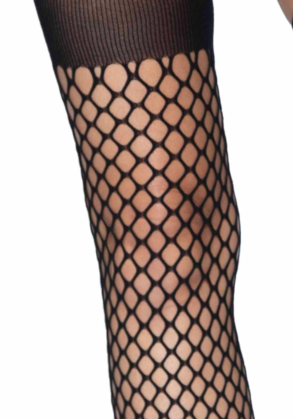 Oval net suspender hose with opaque top.
