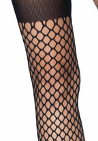 Oval net suspender hose with opaque top.