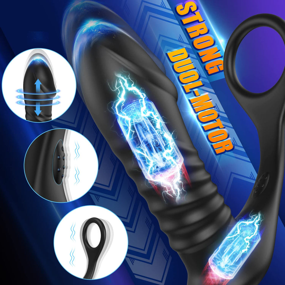 Thrusting Anal Sex Toy Vibrator with Thick Penis Ring, 3 * 10 Vibrating&Telescopic Prostate Massager Anal Vibrators, TIVINO Sili