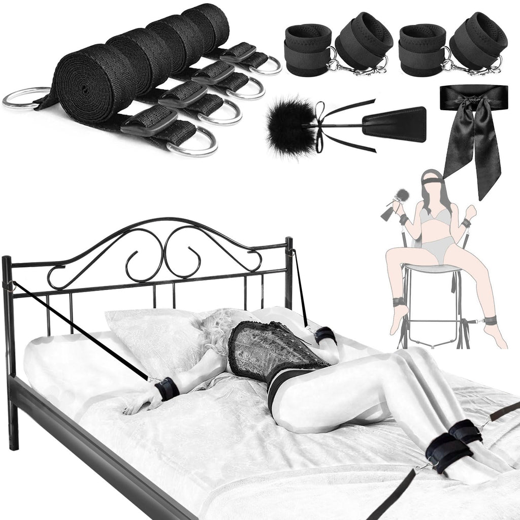 Sex Bondage Restraints BDSM Toys, Selver Versatile Bed Restraints Couple Sex Toys with 4 Separate Straps, Bondage Cuffs, Blindfo