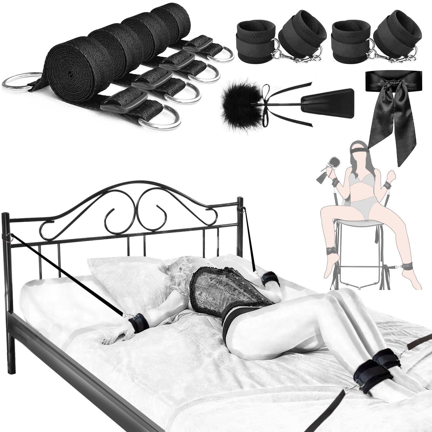 Sex Bondage Restraints BDSM Toys, Selver Versatile Bed Restraints Couple Sex Toys with 4 Separate Straps, Bondage Cuffs, Blindfo