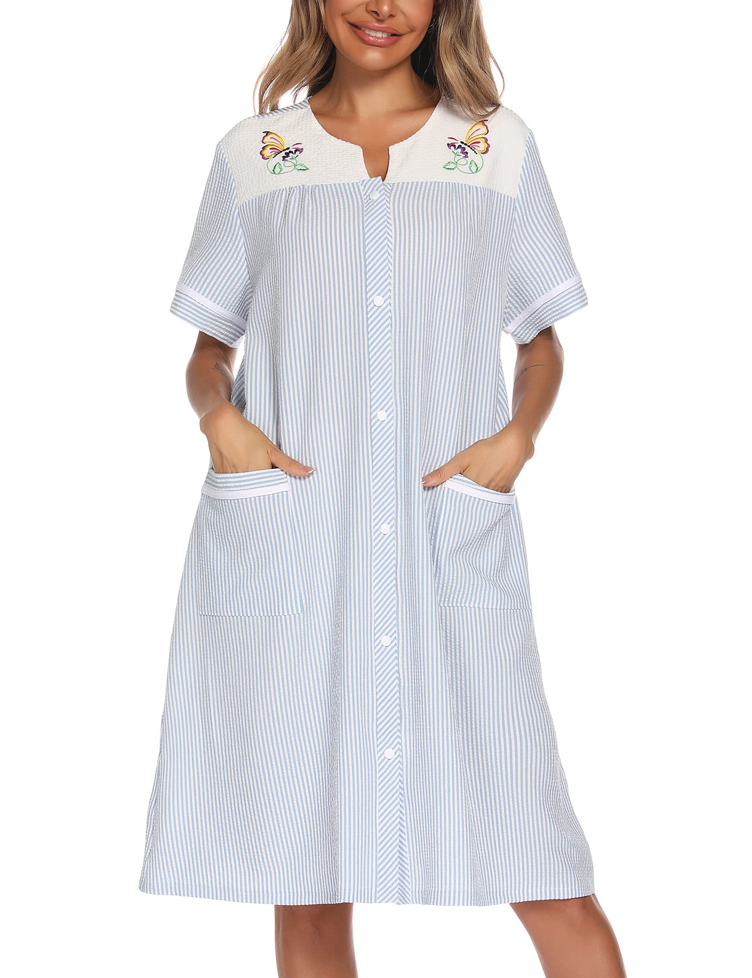 YOZLY Women Embroidered House Dress Short Sleeve Housecoat with Front Pockets Light Blue, Large