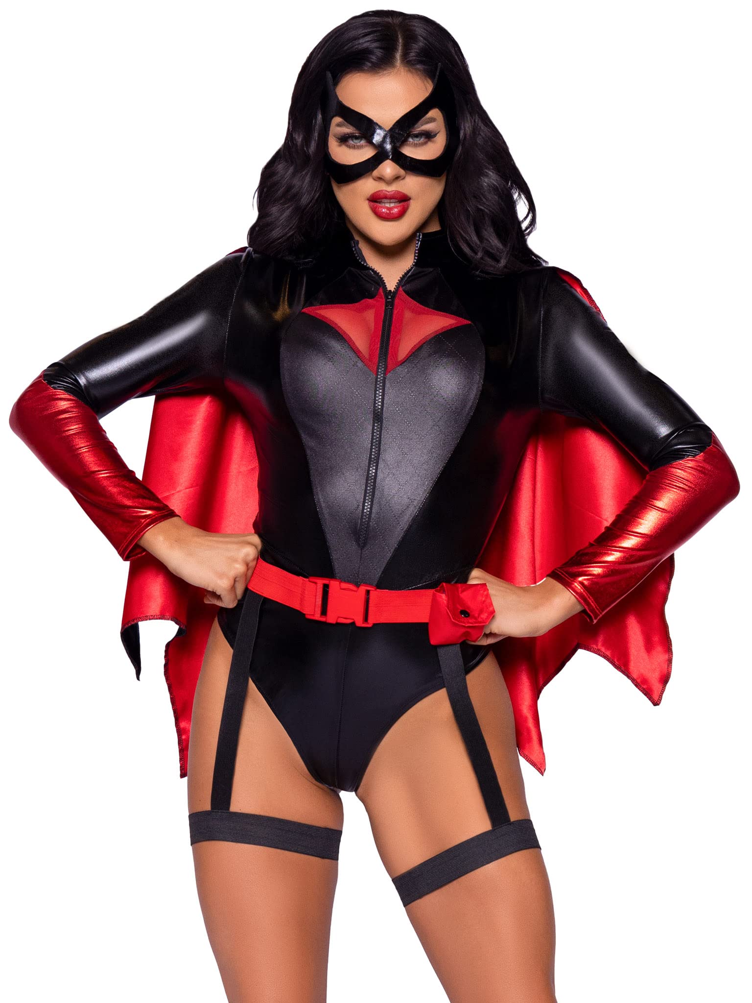 4 Pc Vigilante Vixen, Includes Zip-Up Bodysuit, Detachable Cape, Belt With Attached Garter, And Eye Mask.