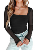 AGECODE Womens Square Neck Mesh Long Sleeve Bodysuit Shirts Ruched Body Suit Leotard Tops Black X-Small