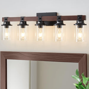 Aixialin 5 Bathroom Vanity Lights, Farmhouse Wooden Bathroom Light Fixture Over Mirror With Clear Glass, Wood Vanity Light For B
