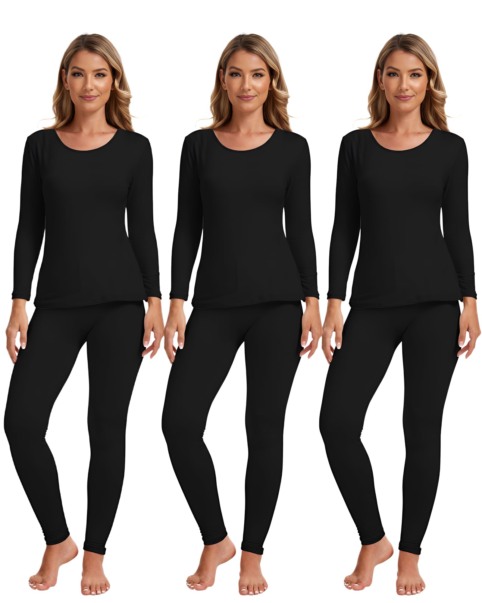 Patelai 3 Sets Thermal Underwear for Women with Fleece Lined Long Underwear Women Base Layer Cold Weather(Black,Small)