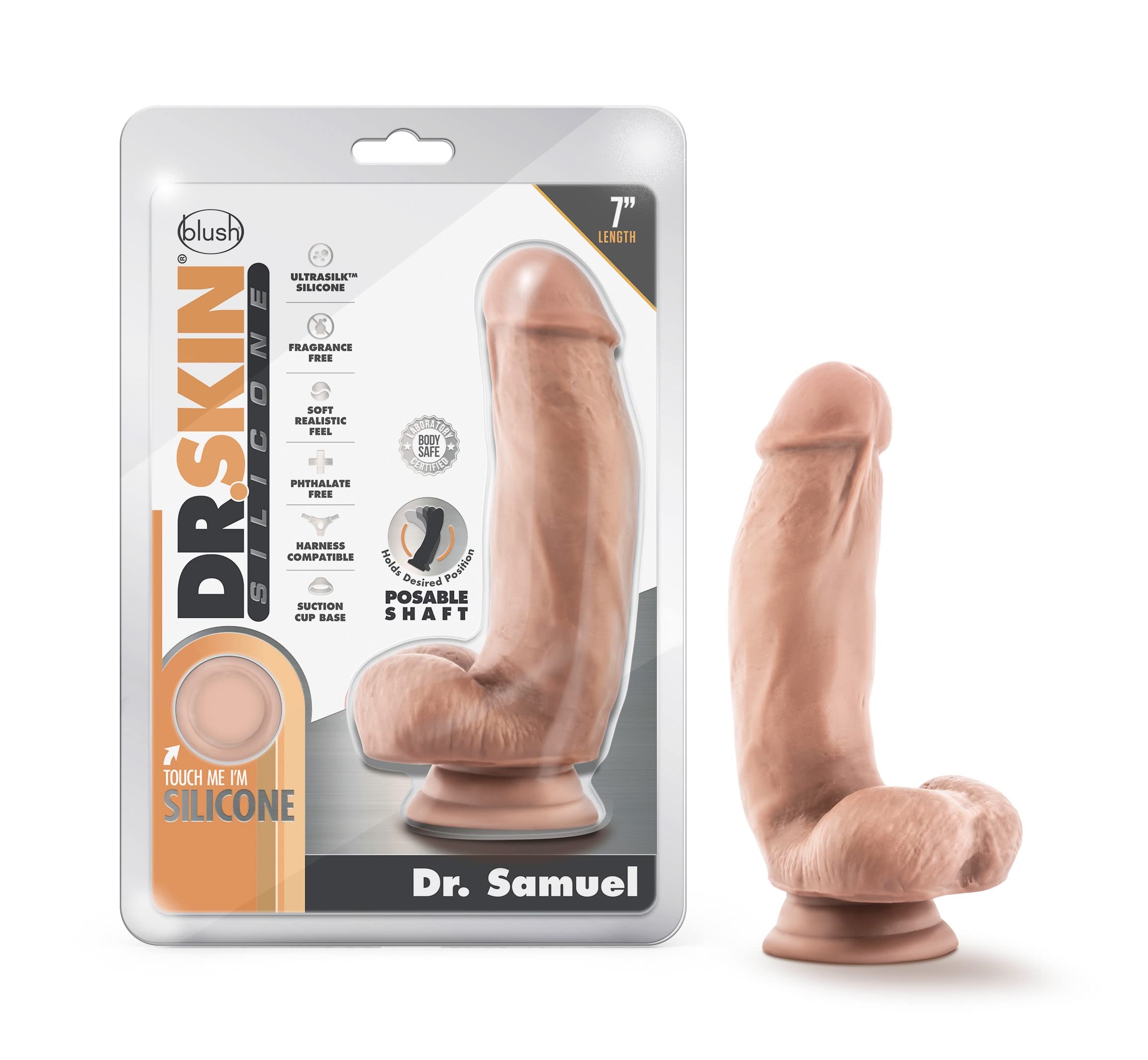 Blush Novelties Dr. Samuel - 7 Inch Platinum Cured Purio Silicone Dildo - Ultrasilk Smooth - 1.75Thick Poseable Shaft - Strong S