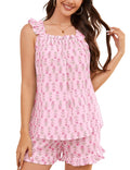 Flygo Floral Pajama Sets for Women 2 Piece Lounge Set Ruffle Cami Top and Shorts Pj Set Sleepwear(Rose-S)