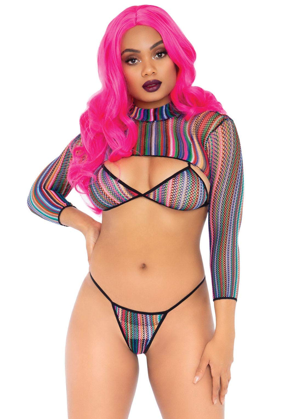 3 Pc Striped Fishnet Bikini To - O/S / Multicolor