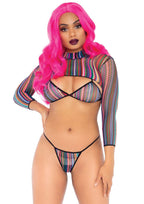 3 Pc Striped Fishnet Bikini To - O/S / Multicolor