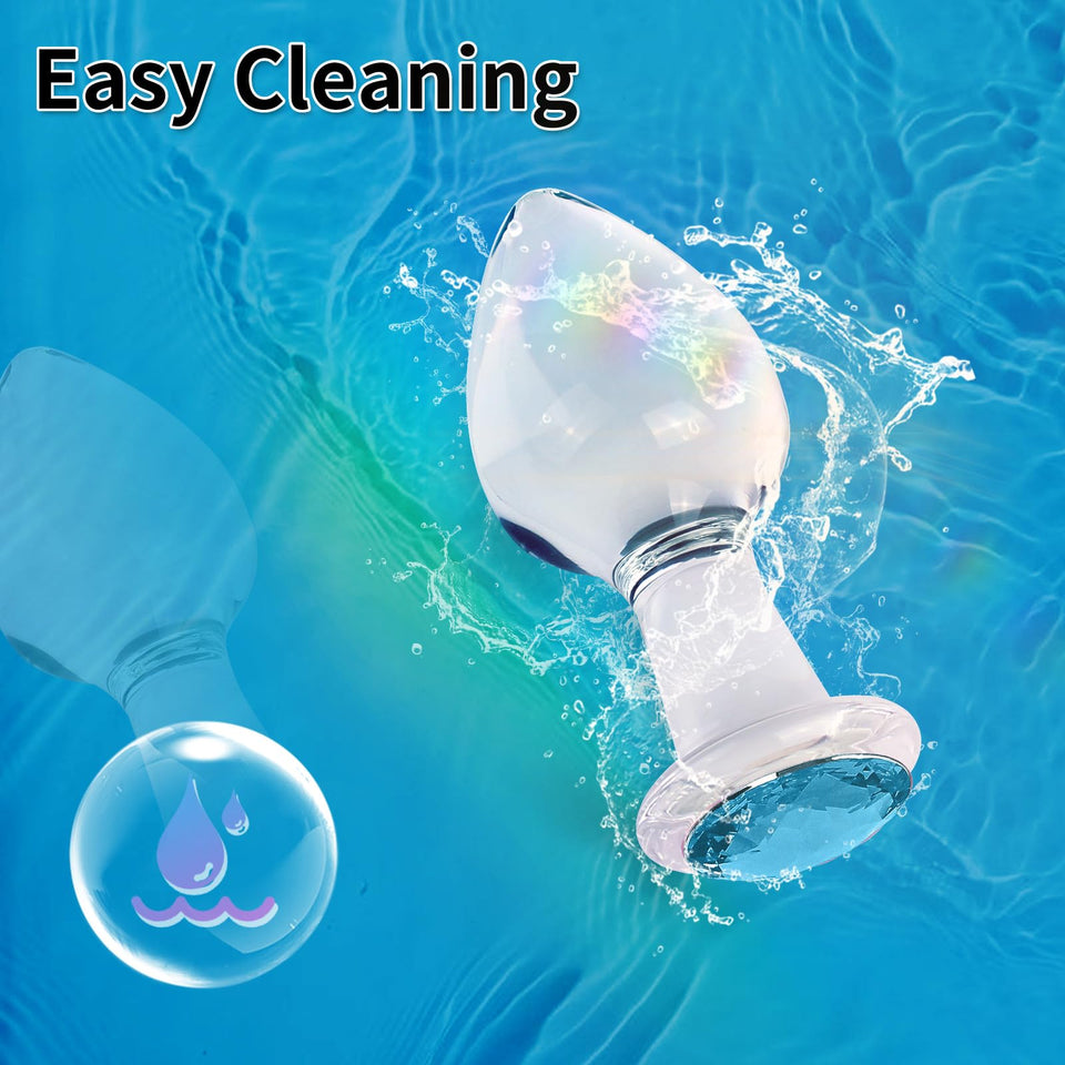 Crystal Glass Anal Plug with Luxury Jewelry Butt Plug Fetish Anus Stimulation Unisex Adult Anal Sex Toy (Light Blue, L)