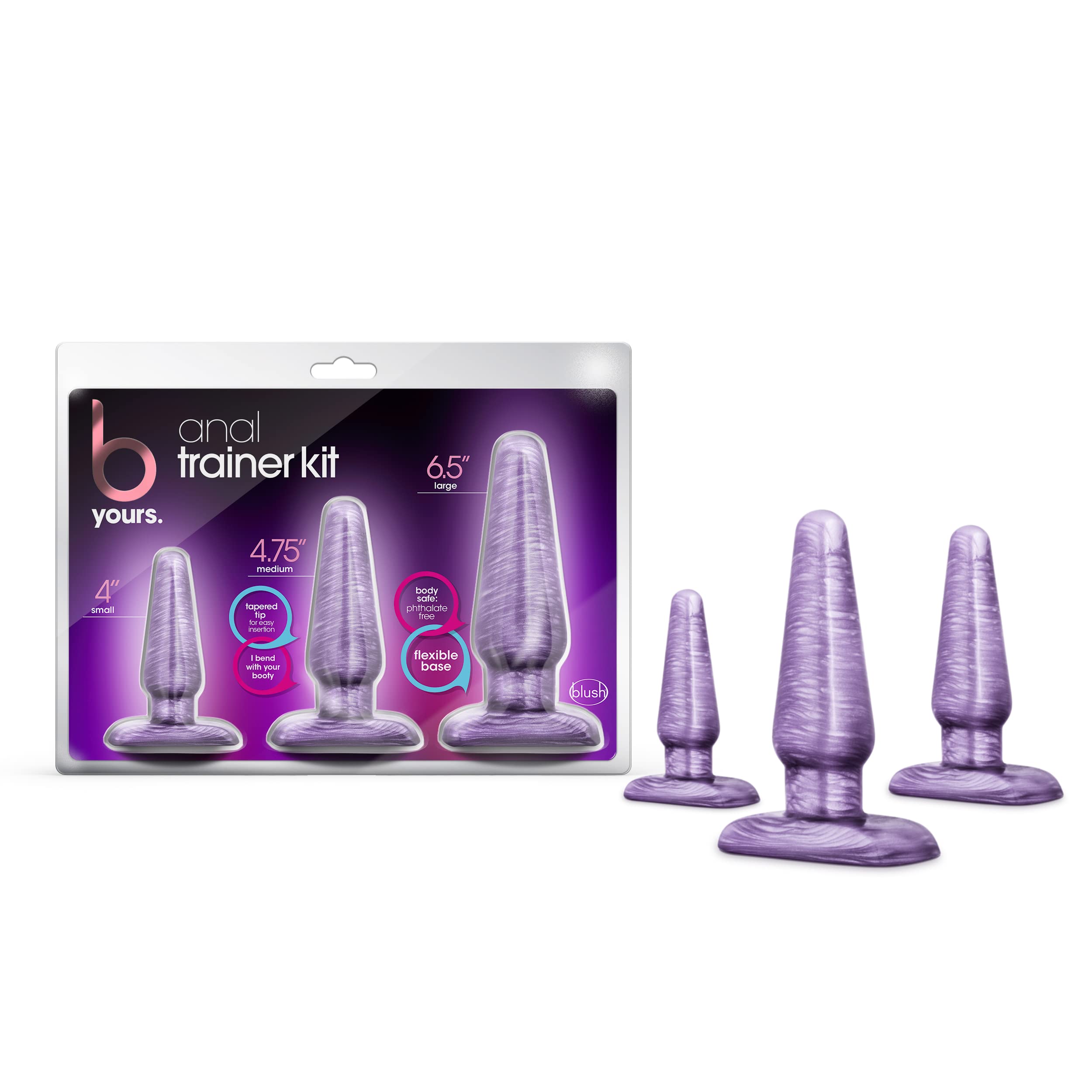 Blush Novelties B Yours Anal Trainer Kit Three Sizes Tapered Head Beginners Butt Plug Sex Toy for Men Couples Women Purple Swirl