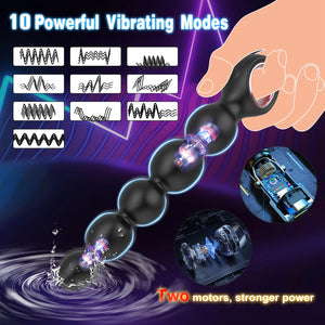 Vibrating Anal Beads Butt Plug, Anal Sex Toys with Pull Ring Design Adult Toys Prostate Massager with 2 Powerful Motors & 10 Vib