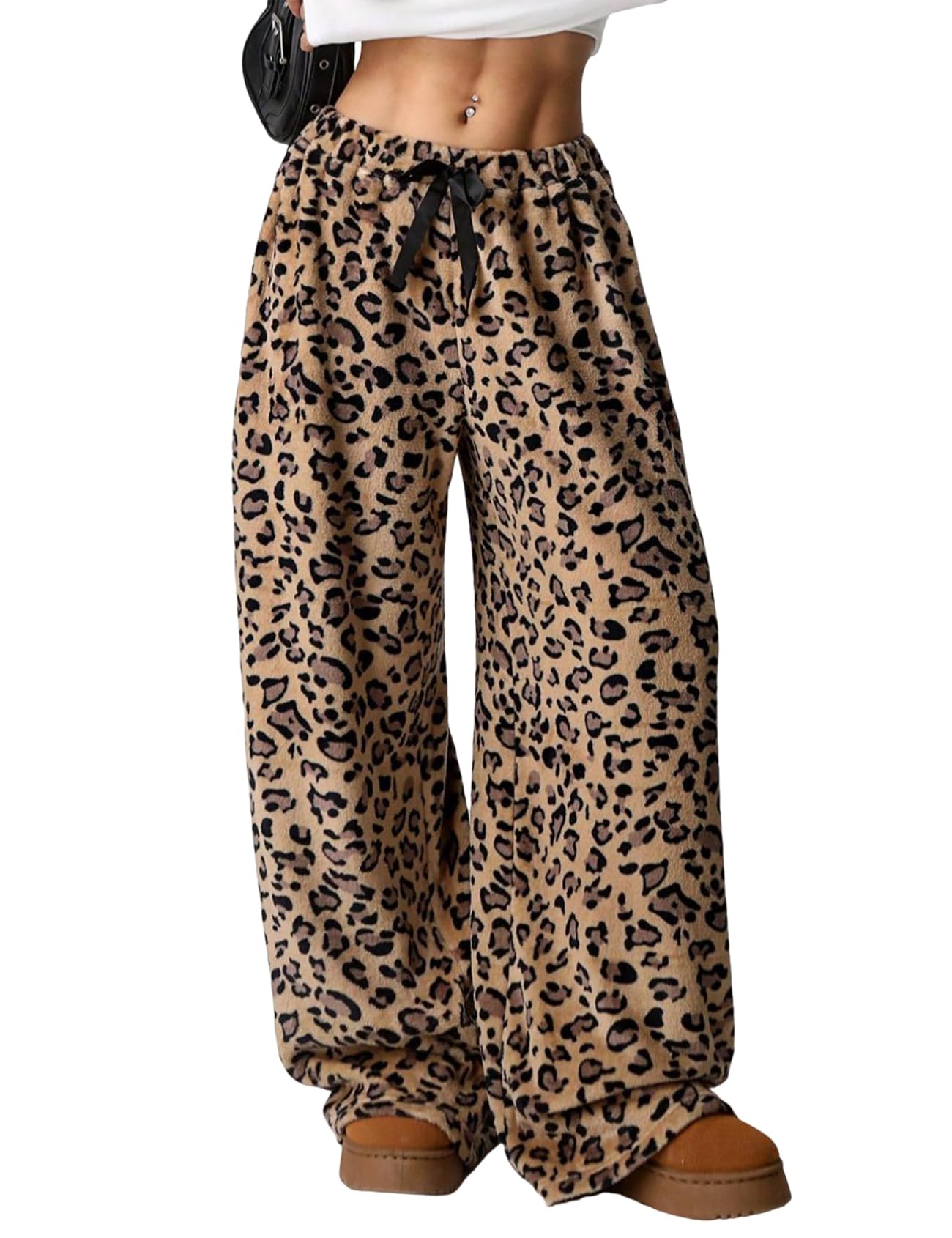 Wyeysyt Women Fuzzy Pajama Pants Plush Elastic Waist Wide Leg Leopard Pant Pj Bottoms Lounge Pants(Brown-S)