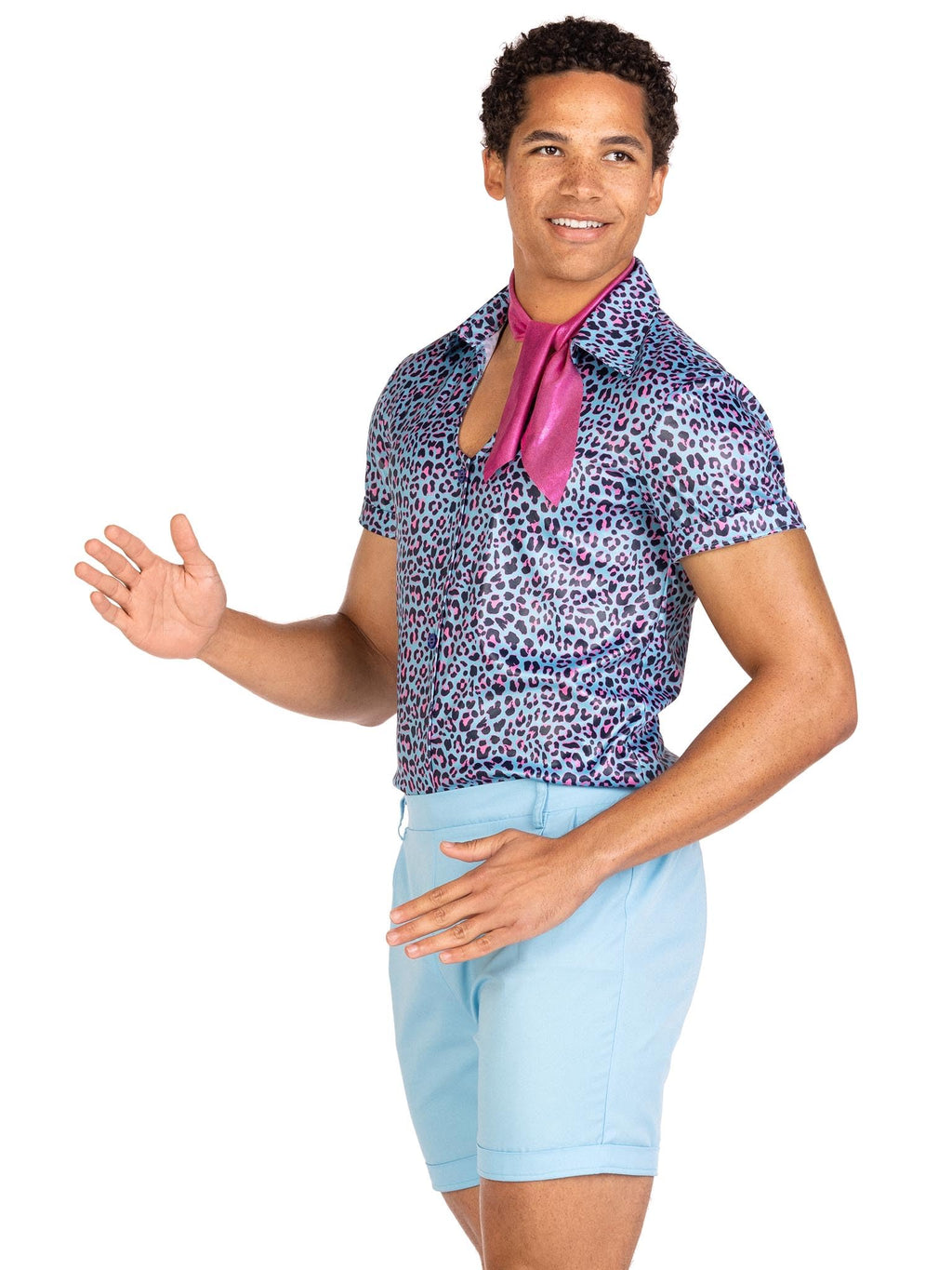 3 Pc Mr Malibu, Includes Button Up Leopard Print Shirt, Elastic Waist Shorts With Pockets, And Neck Scarf.