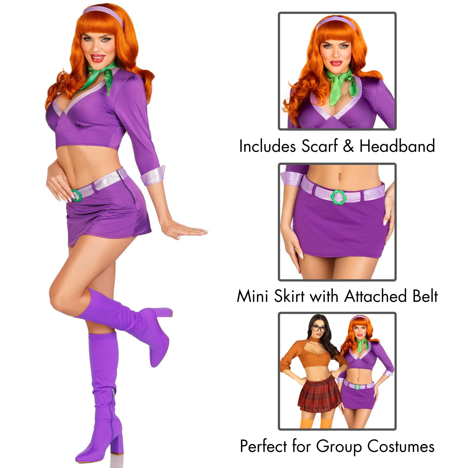 4 Pc Meddling Cutie, Includes Crop Top, Skirt With Attached Belt, Neck Scarf, And Headband.