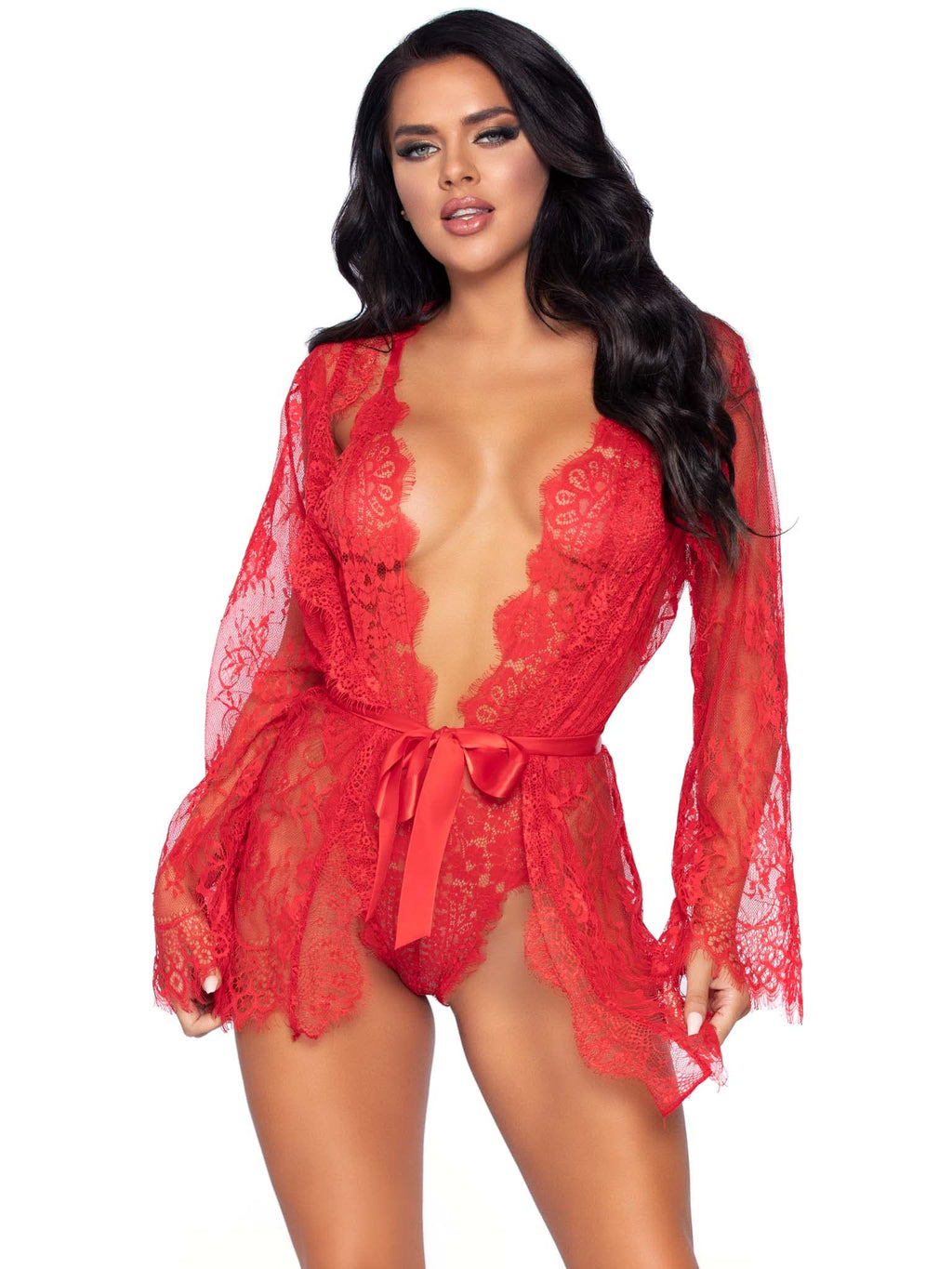 3 PC Floral lace teddy with adjustable straps and cheeky thong back, matching lace robe with scalloped trim, and satin tie.