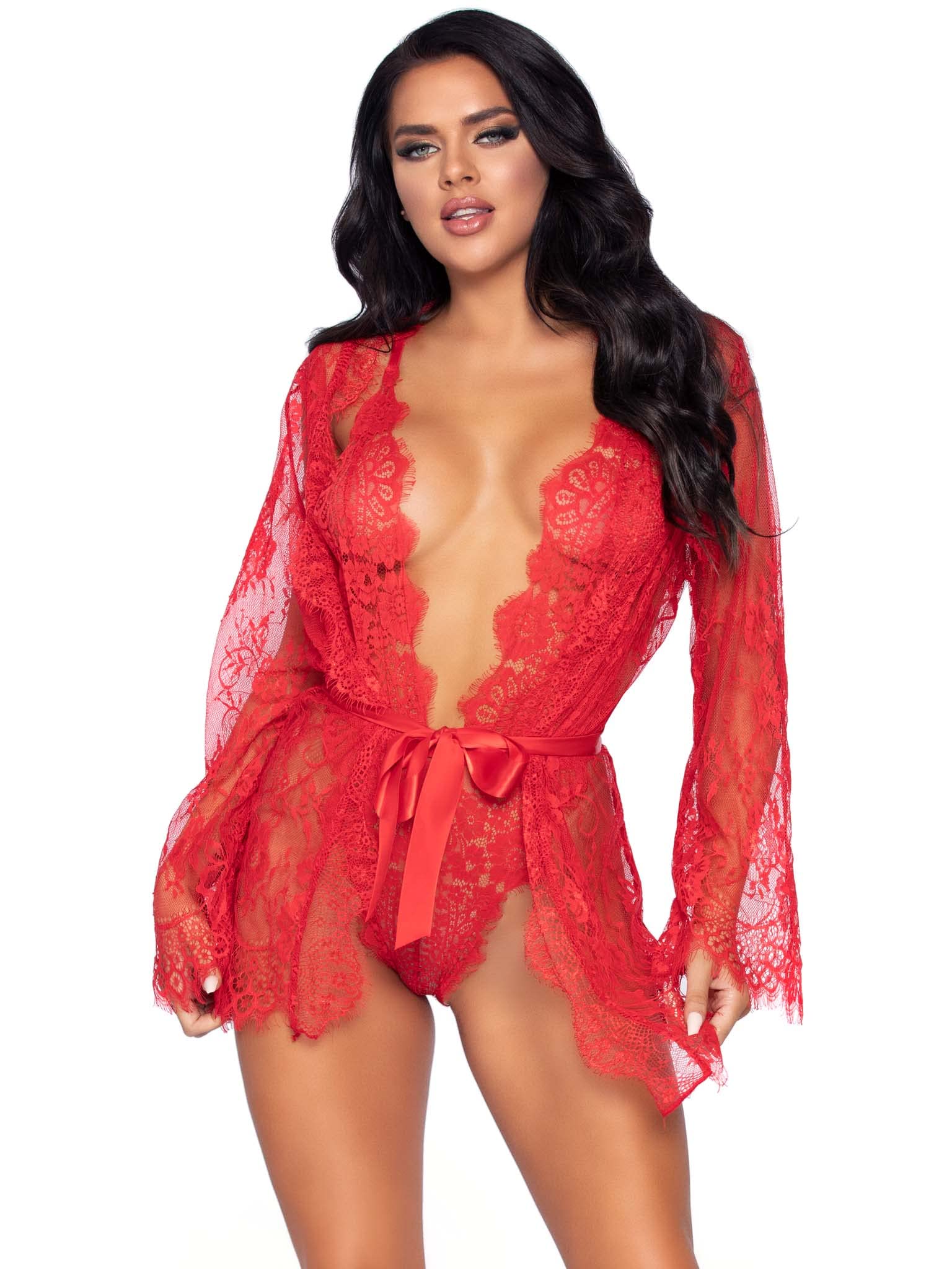 3 PC Floral lace teddy with adjustable straps and cheeky thong back, matching lace robe with scalloped trim, and satin tie.