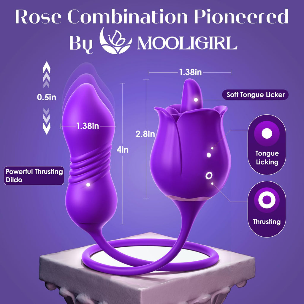 MOOLIGIRL Sex Toy Dildo Vibrator for Women - 3 in1 Rose Sex Toys Clitoral Tongue Licking Thrusting G Spot Vibrators with 9 Modes