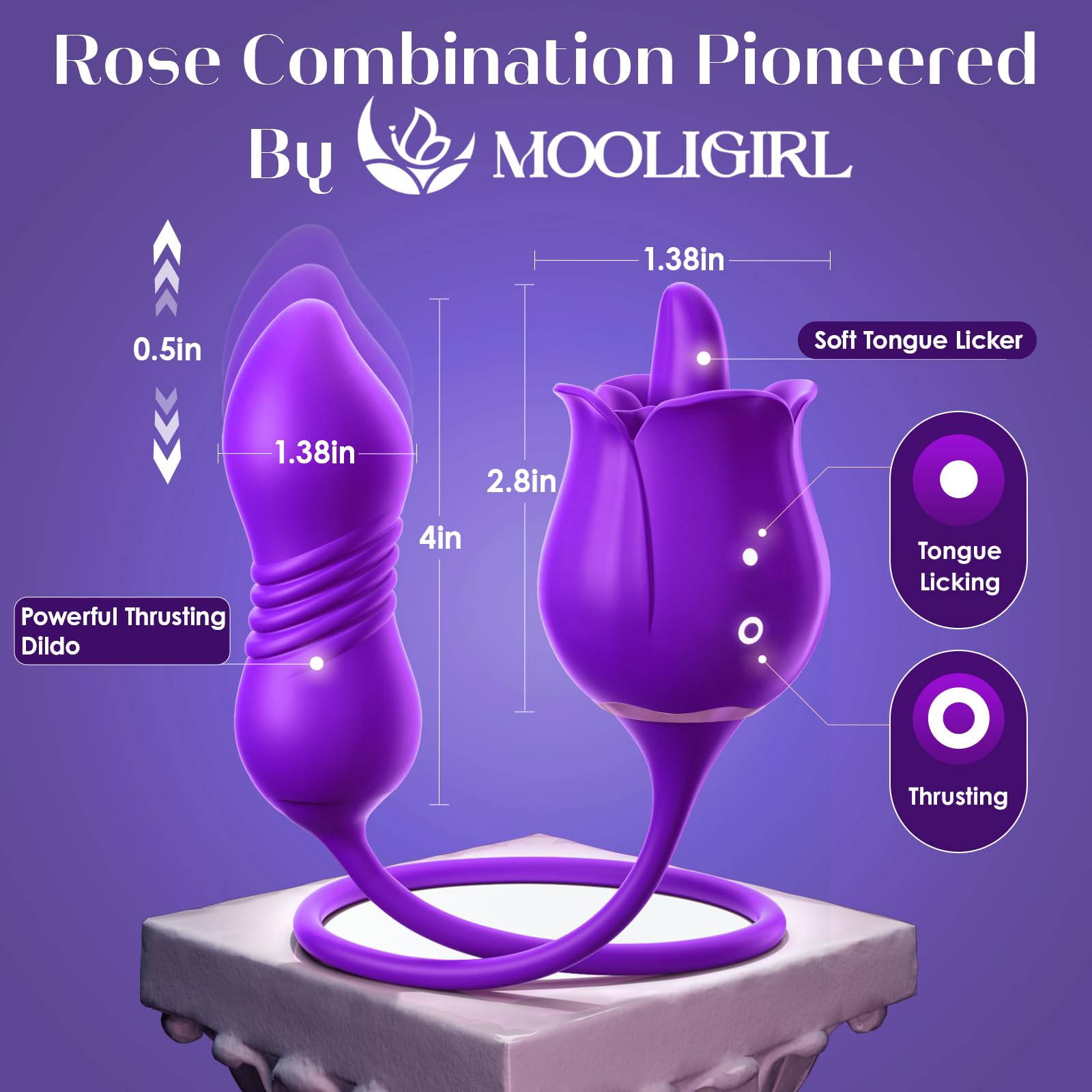 MOOLIGIRL Sex Toy Dildo Vibrator for Women - 3 in1 Rose Sex Toys Clitoral Tongue Licking Thrusting G Spot Vibrators with 9 Modes