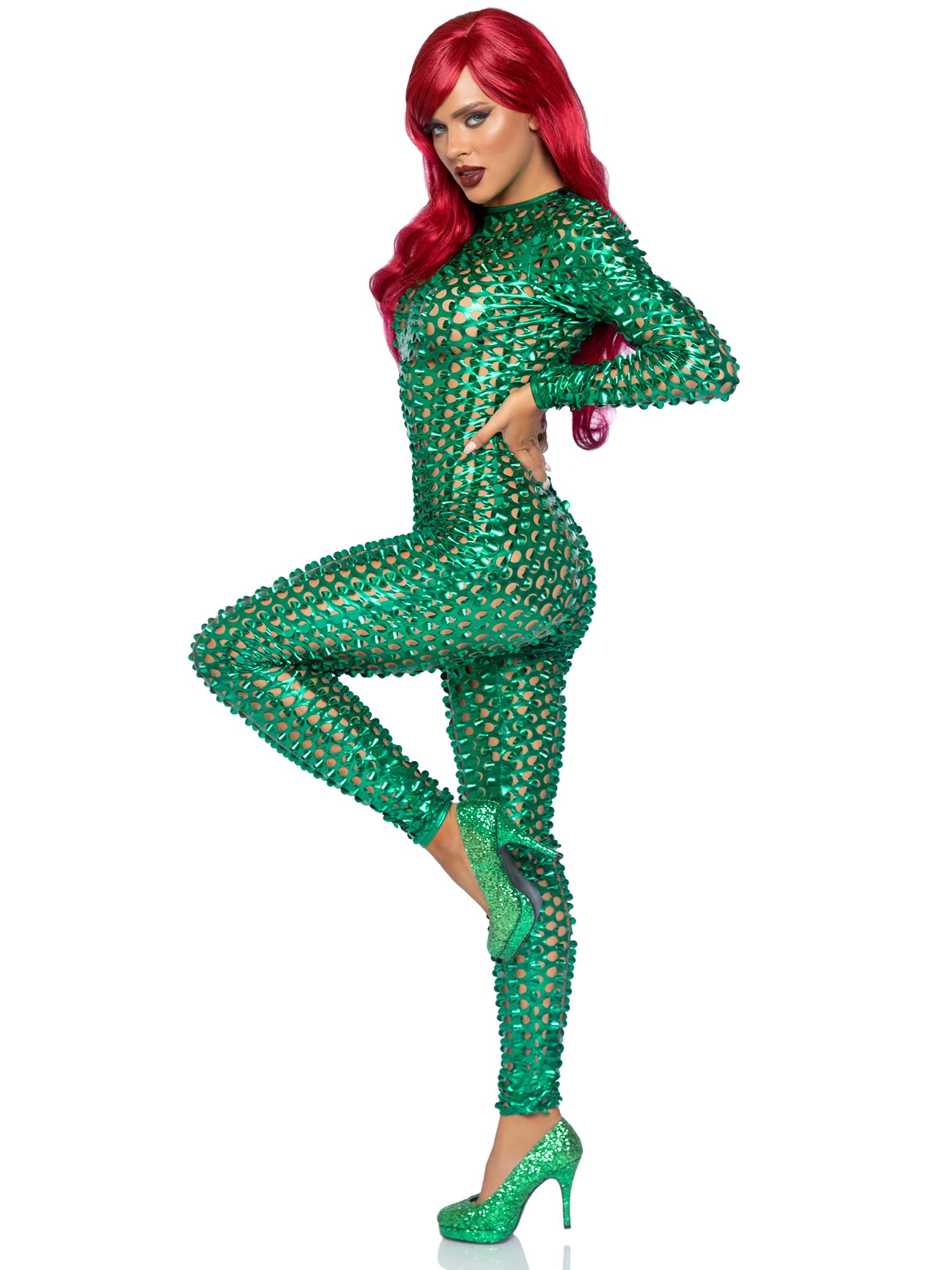 Laser Cut Metallic Catsuit. - Large / Green