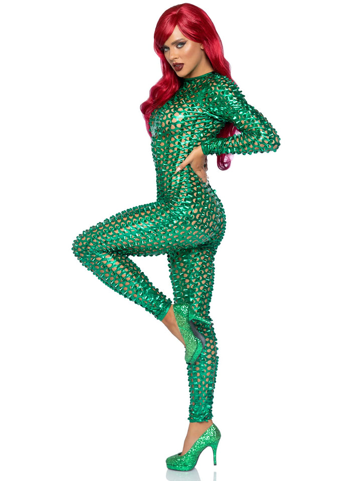 Laser Cut Metallic Catsuit. - X-Large / Green
